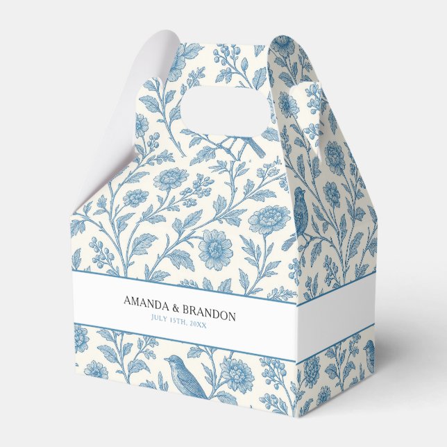 Chic Blue Toile de Jouy Floral Border Wedding Favor Box (Back Side)