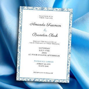 Chic Blue Toile de Jouy Floral Border Wedding Invitation