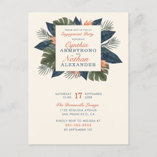 Chic Blue Tropical Leaves Unique Engagement Party Invitation Postcard