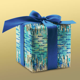 Chic blue, turquoise and gold wrapping paper sheet