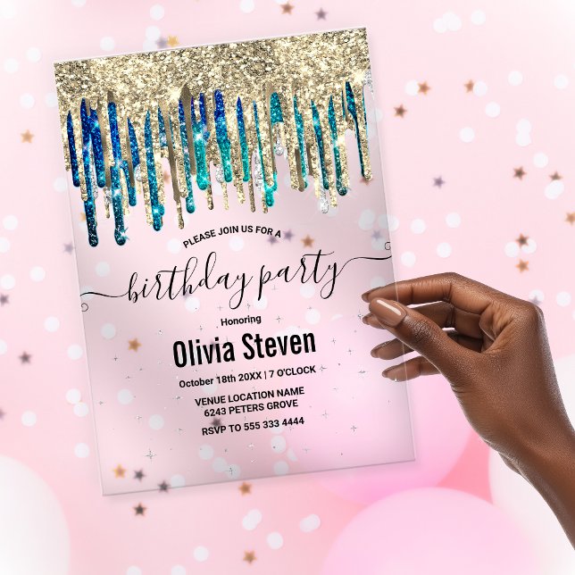 Chic blue turquoise gold glitter drips birthday  acrylic invitations (Creator Uploaded)