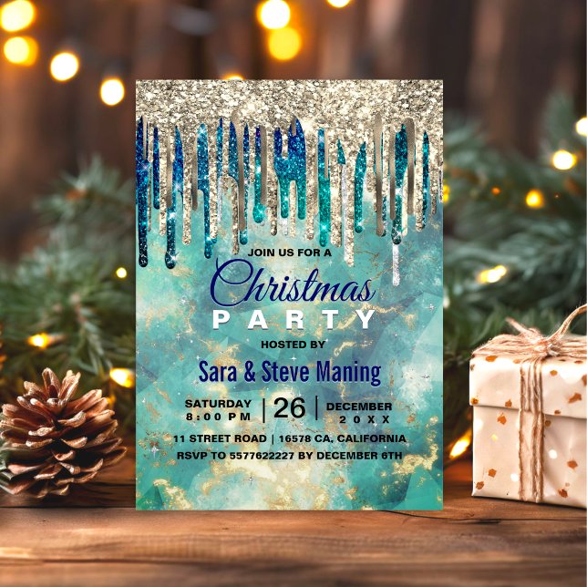 Chic blue turquoise gold glitter drips Christmas  Invitation (Creator Uploaded)