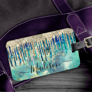 Chic blue turquoise gold glitter drips monogram luggage tag