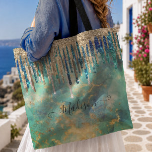 Chic blue turquoise gold glitter drips monogram tote bag