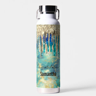 Chic blue turquoise gold glitter drips monogram water bottle