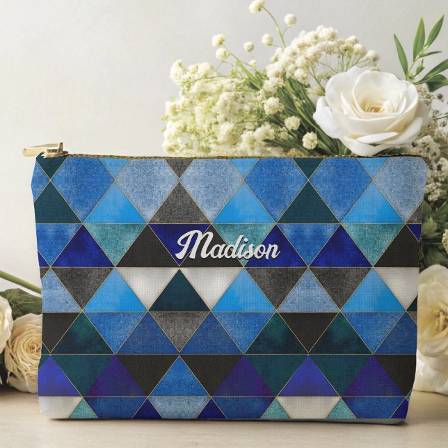 Chic blue turquoise grey geometric accessory pouch (Creator Uploaded)