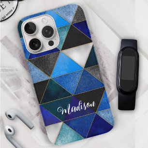 Chic blue turquoise grey geometric iPhone 16 pro case