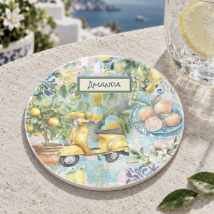 Chic blue turquoise sicilian citrus collage floral coaster
