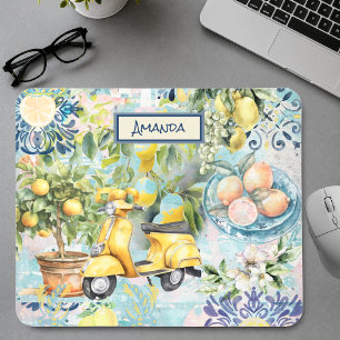 Chic blue turquoise sicilian citrus collage floral mouse pad
