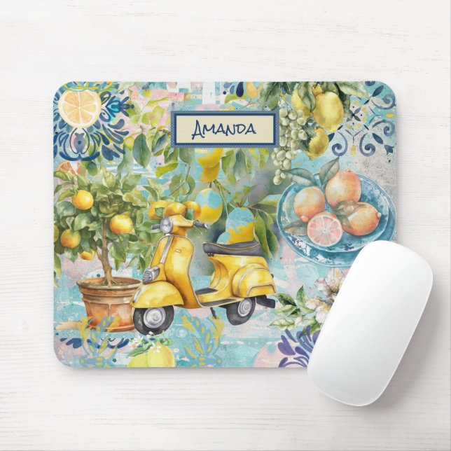 Chic blue turquoise sicilian citrus collage floral mouse pad (With Mouse)