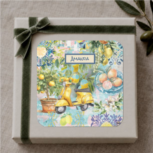 Chic blue turquoise sicilian citrus collage floral square sticker