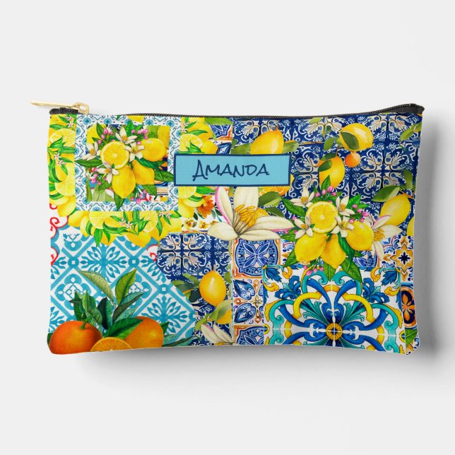 Chic blue turquoise sicilian citrus floral tiles accessory pouch (Front)