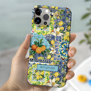 Chic blue turquoise sicilian citrus floral tiles  iPhone 15 case
