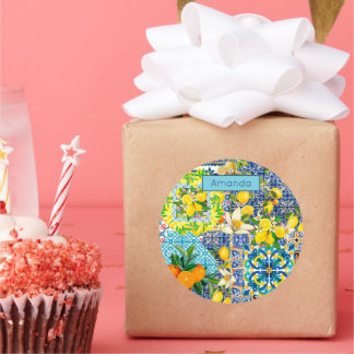 Chic blue turquoise sicilian citrus floral tiles  classic round sticker