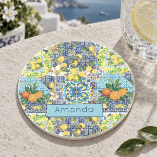Chic blue turquoise sicilian citrus floral tiles coaster