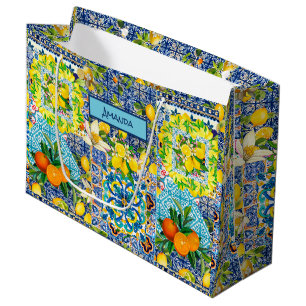 Chic blue turquoise sicilian citrus floral tiles  large gift bag