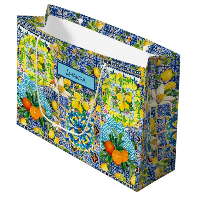 Chic blue turquoise sicilian citrus floral tiles  large gift bag (Front Angled)