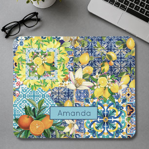 Chic blue turquoise sicilian citrus floral tiles mouse pad