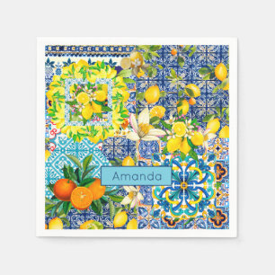 Chic blue turquoise sicilian citrus floral tiles napkin