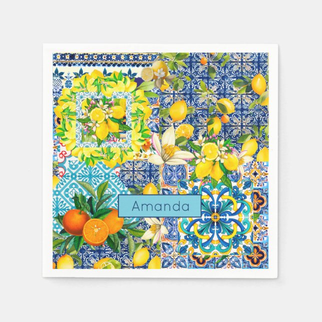 Chic blue turquoise sicilian citrus floral tiles  napkin (Front)