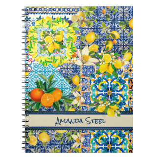 Chic blue turquoise sicilian citrus floral tiles  notebook