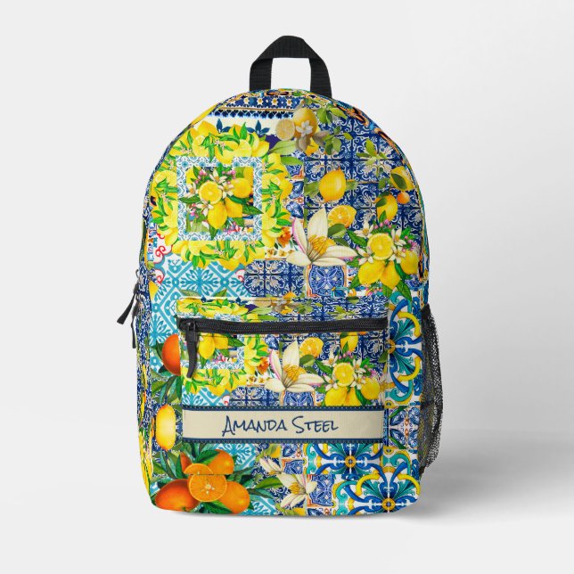 Chic blue turquoise sicilian citrus floral tiles  printed backpack (Front)