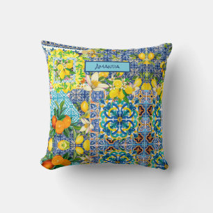 Chic blue turquoise sicilian citrus floral tiles  throw pillow