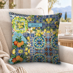 Chic blue turquoise sicilian citrus floral tiles throw pillow