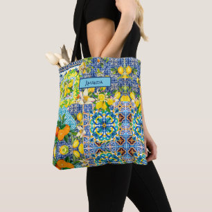 Chic blue turquoise sicilian citrus floral tiles tote bag