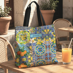 Chic Blue Turquoise Sicilian Citrus Tile Pattern Tote Bag