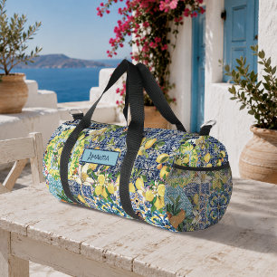Chic Blue Turquoise Sicilian Floral Tile Art Duffle Bag