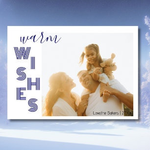 Chic Blue Warm Wishes Two Beach Family Photo Holiday Card