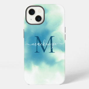Chic Blue Watercolor Abstract Monogrammed iPhone 13 Case