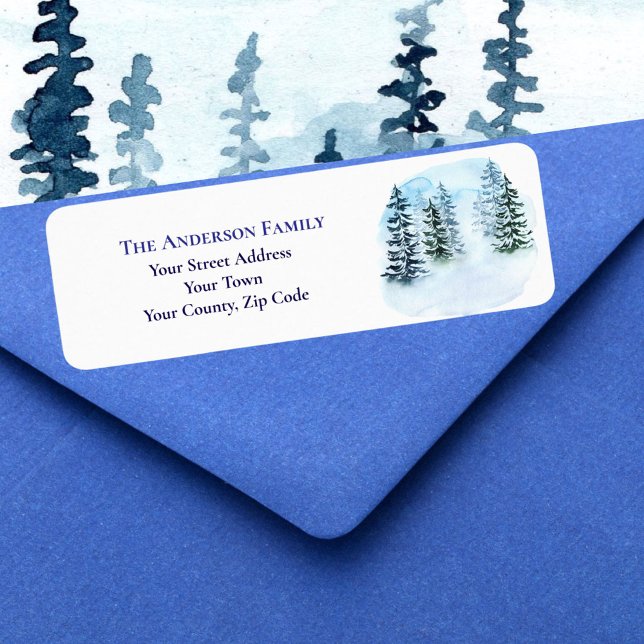 Chic Blue Watercolor Christmas Trees Name Address (Creator Uploaded)