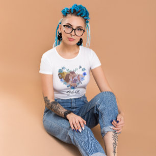 Chic Blue Watercolor Floral Heart Photo Love T-Shi T-Shirt