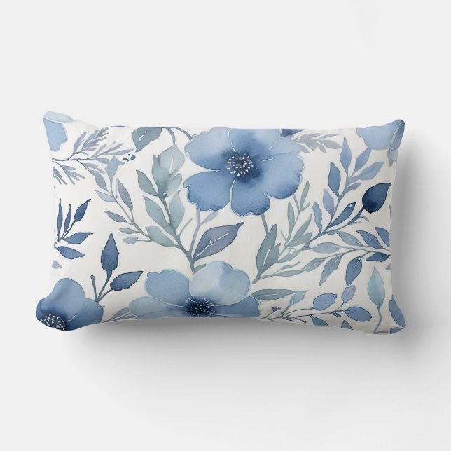 Chic Blue Watercolor Floral Lumbar Pillow (Front)
