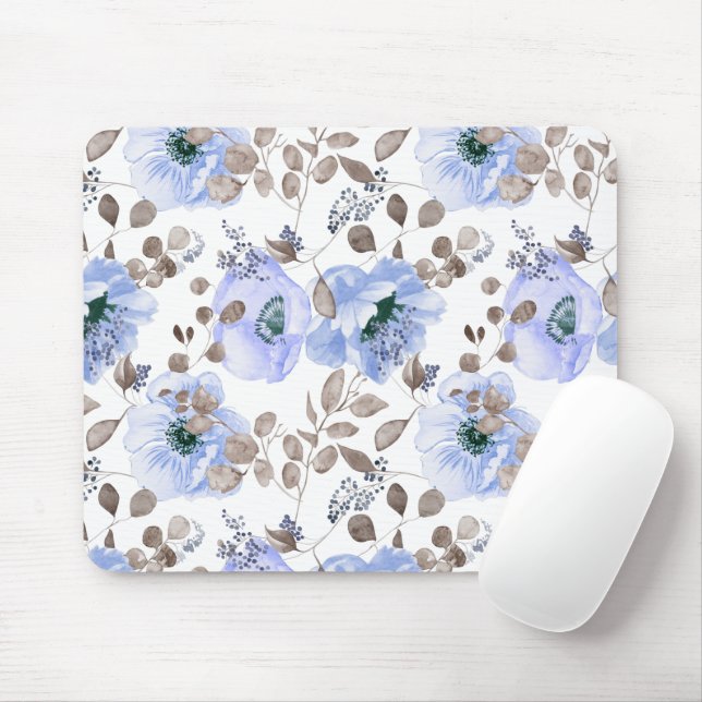 Chic Blue Watercolor Flowers Mouse Pad (With Mouse)