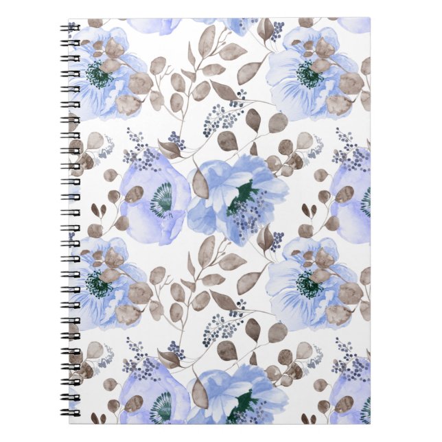Chic Blue Watercolor Flowers Notebook (Front)