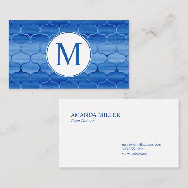 Chic Blue Watercolor Ogee Pattern with Monogram Business Card (Front/Back)