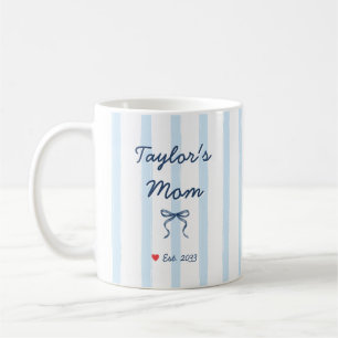 Chic Blue Watercolor Stripes and Bow Mama Custom Coffee Mug