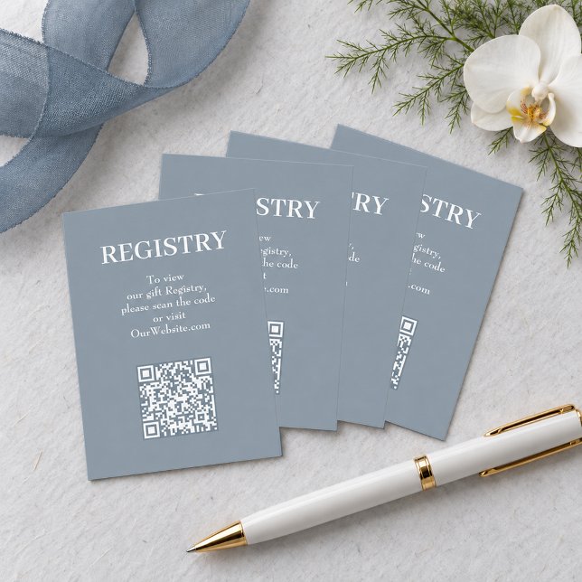 Chic Blue Wedding Registry QR Code Enclosure Card (Blue Grey Wedding Registry  Enclosure Cards with QR Code, 3.5" x 2.5" size shown)
