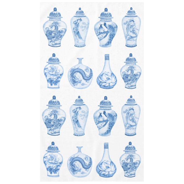 Chic Blue White Chinoiserie Porcelain Ginger Jars Tablecloth (Front)