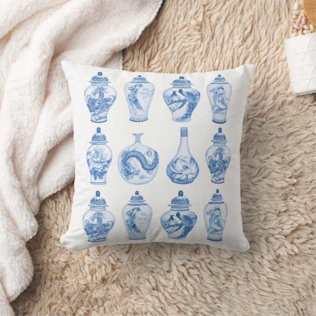 Chic Blue White Chinoiserie Porcelain Ginger Jars Throw Pillow (Blanket)