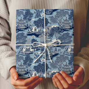 Chic Blue White Chinoiserie Willow Toile Wrapping Paper