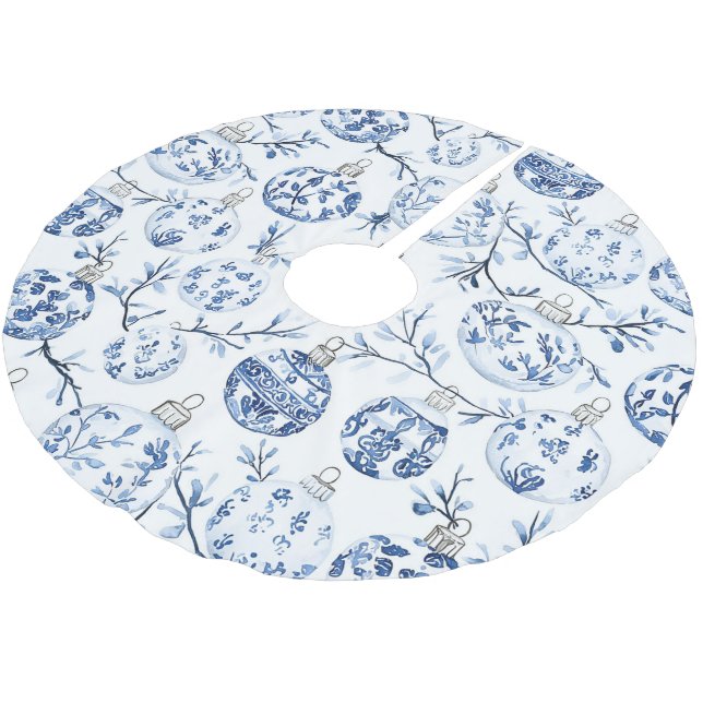 Chic Blue White Christmas Ornaments Brushed Polyester Tree Skirt (Angled)