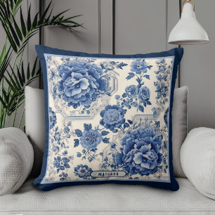 Chic Blue White Floral Chinoiserie Monogram Gift Throw Pillow