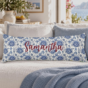 Chic Blue white floral chinoiserie toile monogram Body Pillow