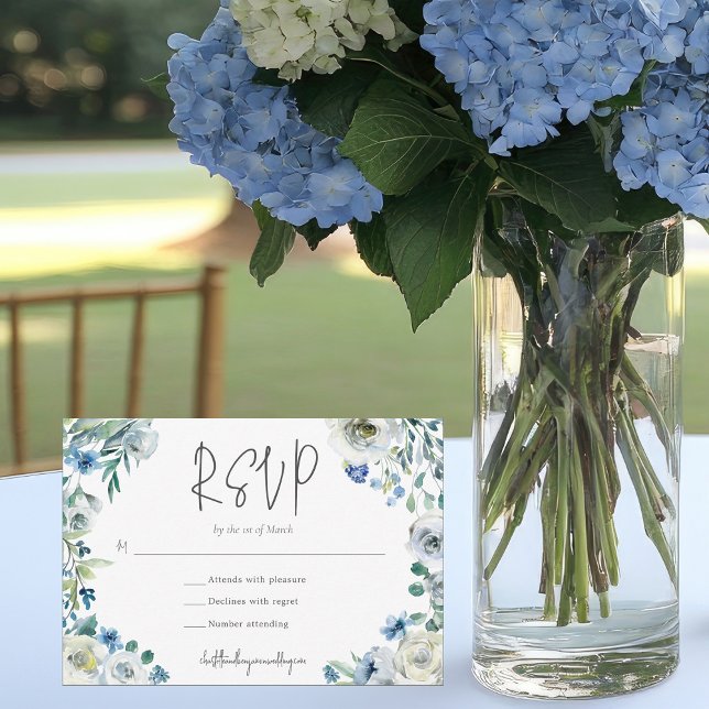 Chic Blue White Floral Garden Wedding RSVP Card (Creator Uploaded)