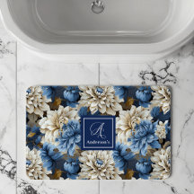 Chic Blue White Flowers Personalized Bath Mat