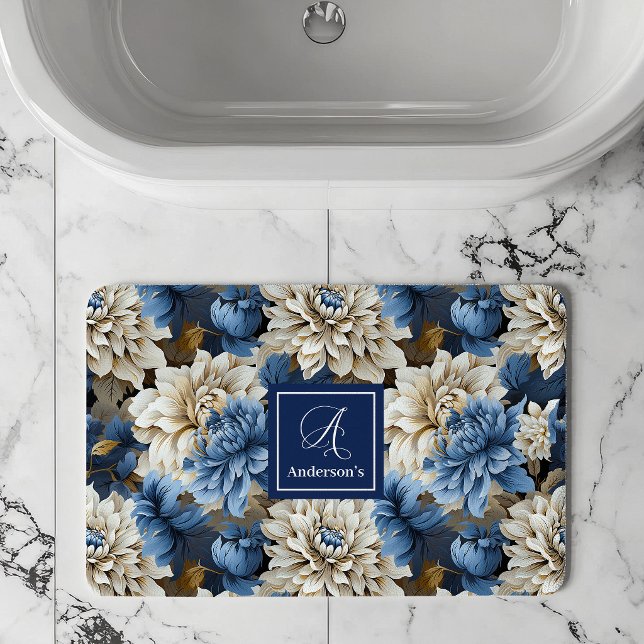 Chic Blue White Flowers Personalized Bath Mat (Chic Blue White Flowers Personalized Bath Mat)